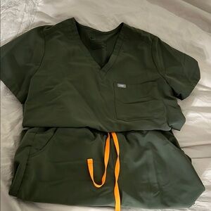 Figs Dark Green Scrub Set with Bright Orange Accent